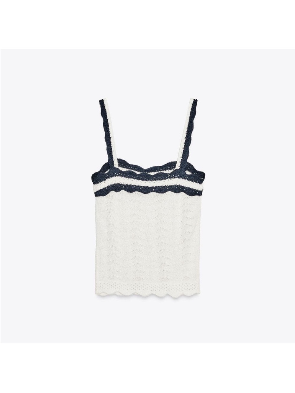NWT Zara Crochet Knit Camisole in White with Navy Scalloped Trim & Thin Straps - Picture 4 of 5